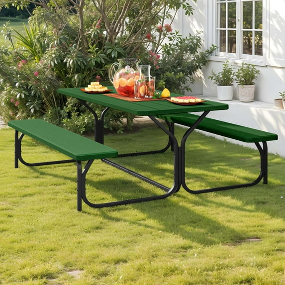 ModFusion 6ft Outdoor Picnic Table & Chair Set, Green Wood Frain HDPE Panels with Black Iron Legs, Detachable Design, Weather-Resistant
