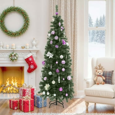 ModFusion 6ft Pre-Lit Artificial Pencil Christmas Tree, Slim Fraser Fir with 700 Branch Tips and 200 Lights, for Home, Office, and Party Decor, Green
