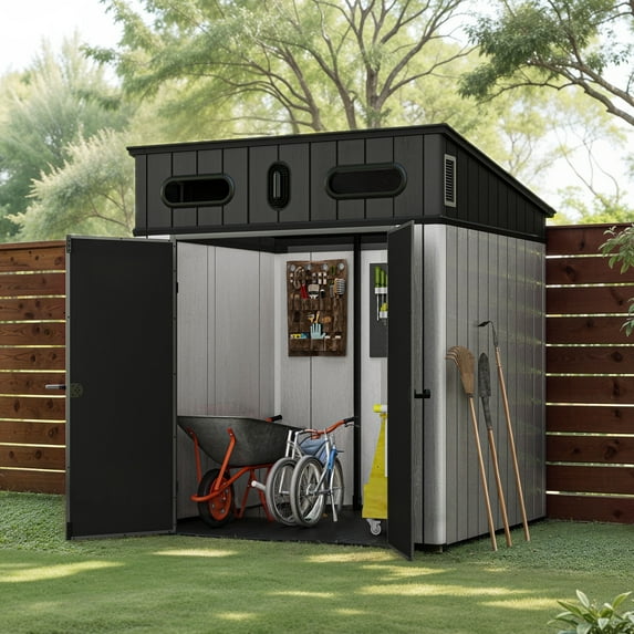 ModFusion 6x6 ft Outdoor Plastic Storage Shed with Windows, Vents, Sturdy Floor, Lockable Double Doors for Utility Tools Bikes Sundries, Resin Garden Shed, Gray