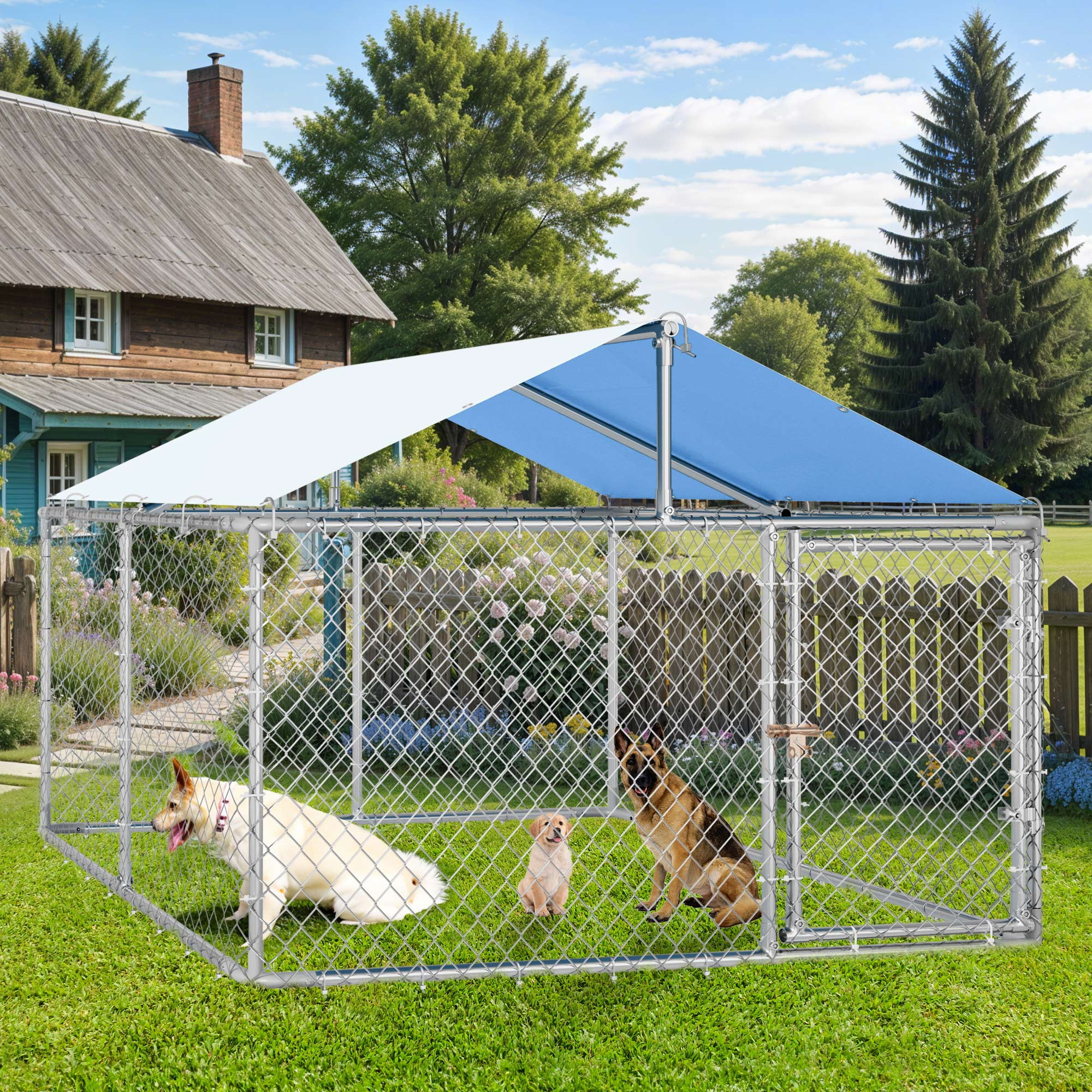 ModFusion 7.5' Outdoor Dog Kennel with Metal Dog Gate, Heavy-Duty Dog Enclosure for Backyard and Farm