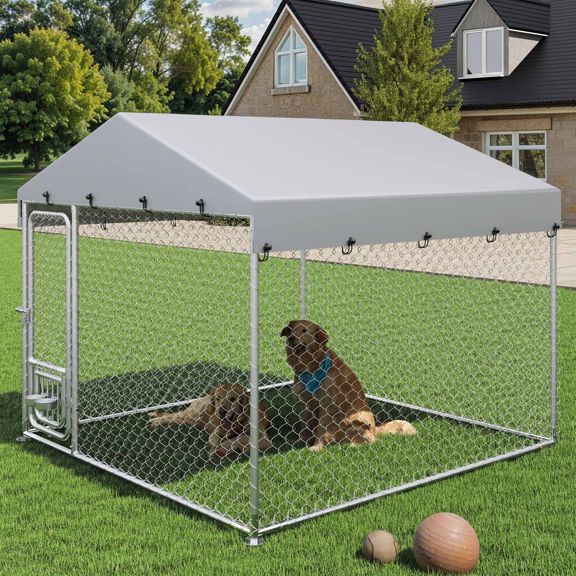 ModFusion 7.5' x 7.5' Large Outdoor Metal Dog Kennel with Weatherproof Canopy, Secure Lock & Adjustable Pet Feeding Bowls – Perfect for Pets