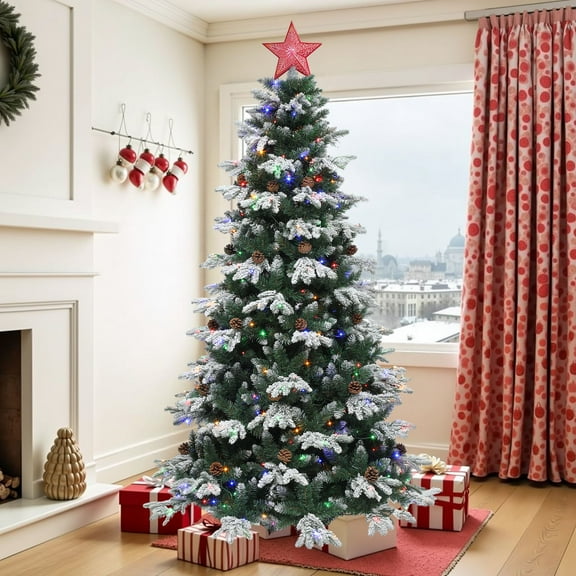 ModFusion 7.5ft Green and White Artificial Christmas Tree with 400 Multicolor LED Lights, Pinecones, Flocked Branches, Remote Control, 120V Input