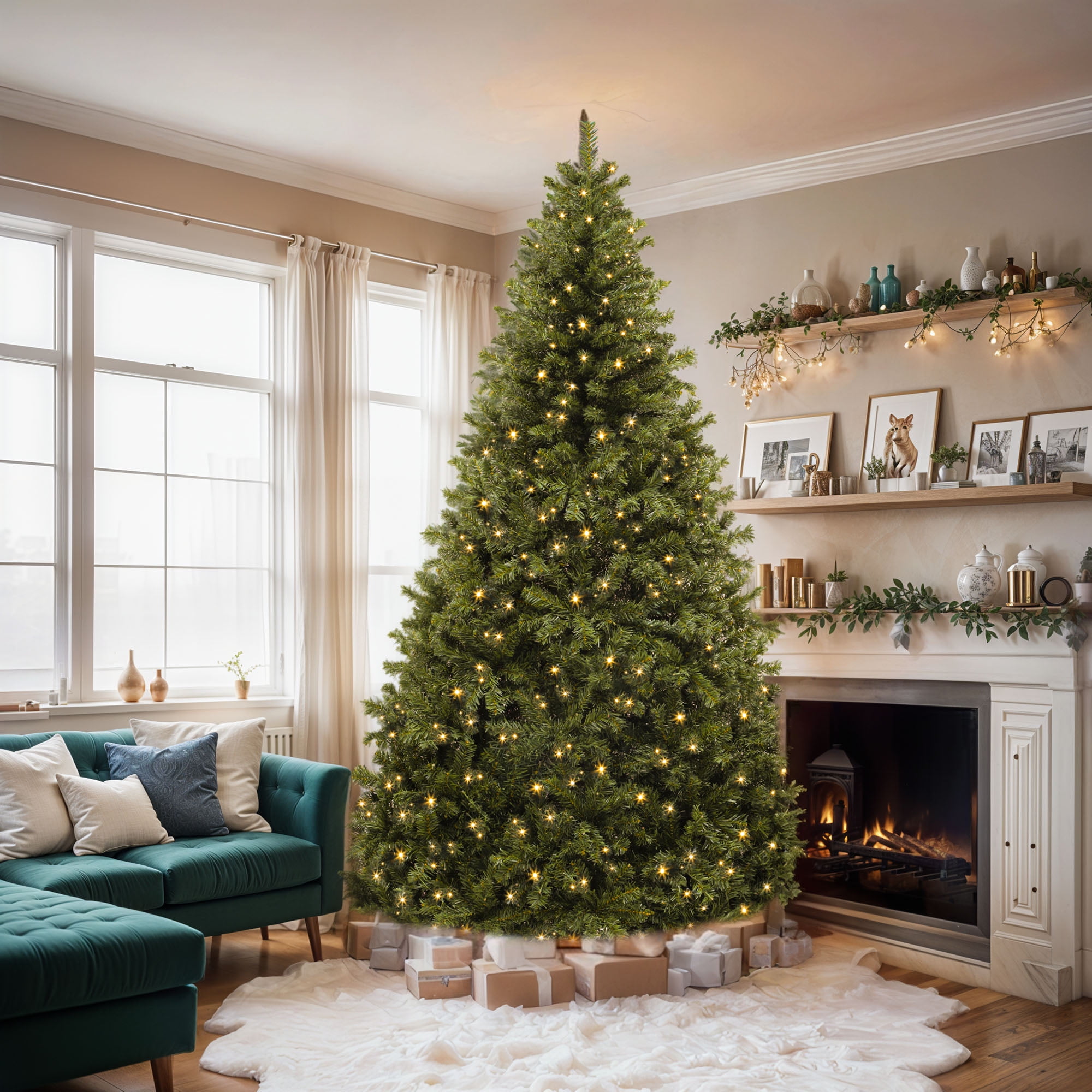 ModFusion 7.5ft Pre-Lit Artificial Christmas Tree, Holiday Decoration with 1346 Branch Tips, 550 Warm Lights, for Home, Office, and Party, Green - Walmart.com