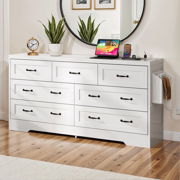 ModFusion 7 Drawer Dresser with Antique Handles & USB Power Outlet, Organizer Bag Wood Storage Cabinet Chest of for Living Room, Entryway, Hallway, White