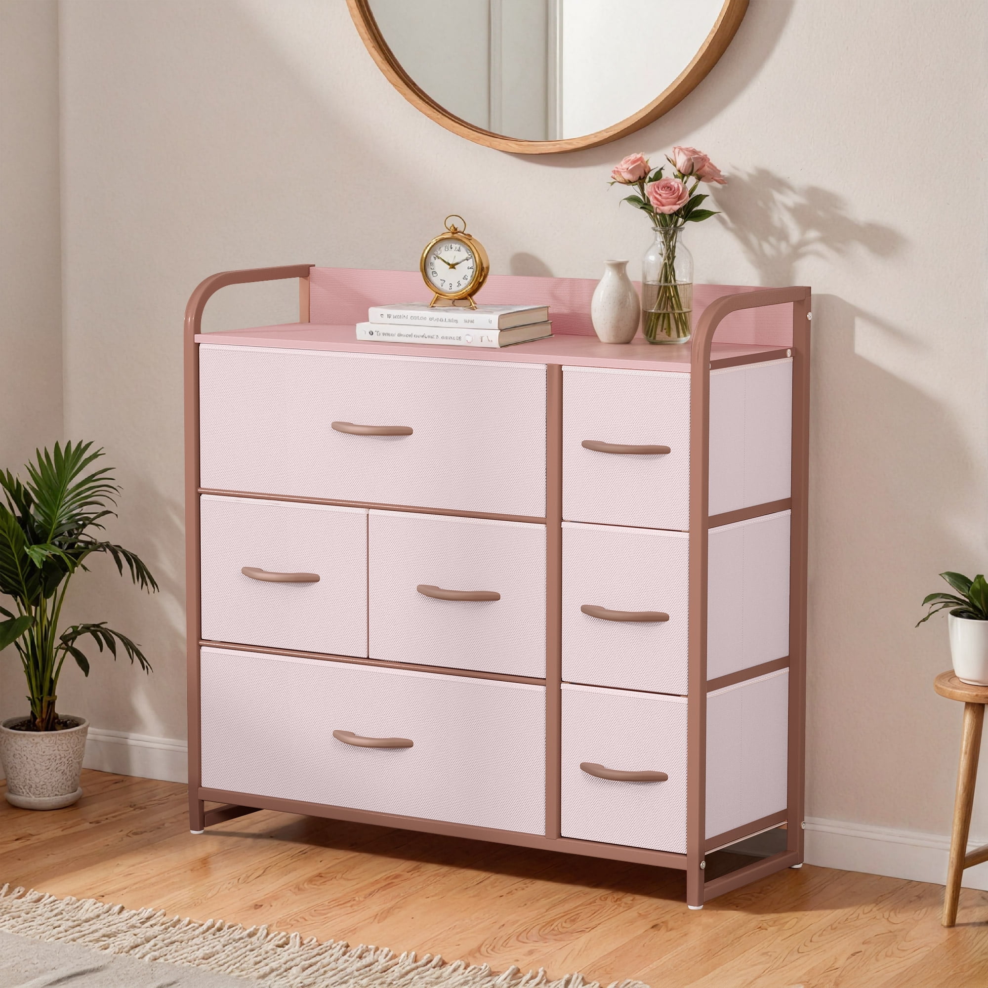ModFusion 7 Drawer Rose Gold Fabric Dresser for Bedroom, Living Room & Hallway with Sturdy Steel Frame & Wooden Top