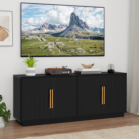 ModFusion 70" Fluted TV Console with 4 Storage Doors, Suitable for TVs Up to 80 Inch, Modern Media Cabinet for Living Room and Apartment, Black