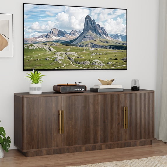ModFusion 70" Fluted TV Console with 4 Storage Doors, Suitable for TVs Up to 80 Inch, Modern Media Cabinet for Living Room and Apartment, Walnut