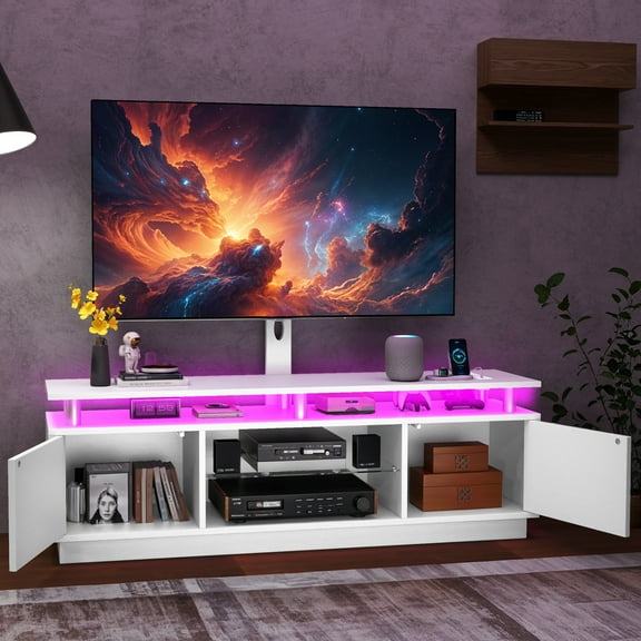 ModFusion 70-Inch White TV Stand with Mount, Storage, RGB LED Lights, Power Outlets & USB Ports, Fits 3275 Inch TVs, 300 lbs Capacity