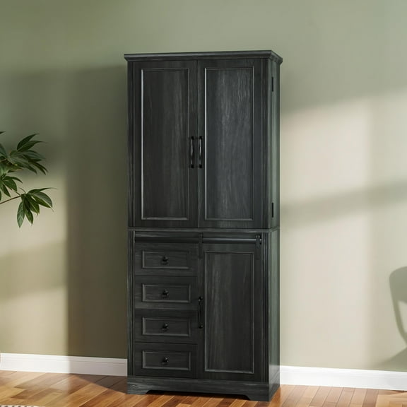 ModFusion 70" Kitchen Pantry Storage Cabinet with Sliding Door, 4-Drawer Flatware Organizer, Spice Rack, Adjustable Shelves, Antique Barn Door Farmhouse Buffet, Charcoal Oak Black
