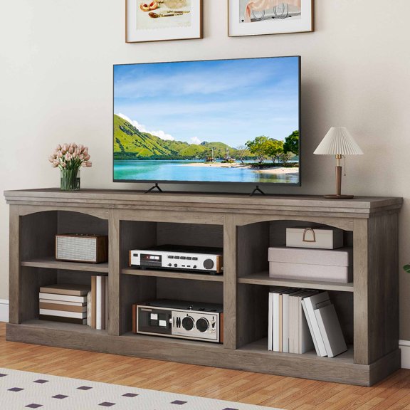 ModFusion 70 Washed Ash TV Cabinet, 6-Compartment Entertainment Center with Faux Thick Top, P2 Particleboard & Density Board Media Console, Rustic Storage Stand