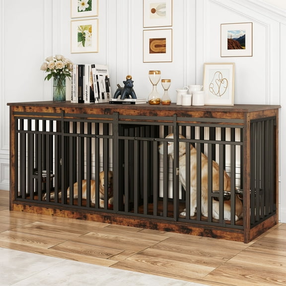 ModFusion 71” Extra Large Double Dog Crate with Sliding Doors, Built-In 4 Bowls, and Anti-Tip Kit – Durable Indoor Pet Kennel for Living Room or Bedroom