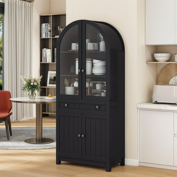 ModFusion 71 Inch Rounded Arch Pantry Cabinet with Adjustable Shelf, Glass Door, Large Drawer, Food Cupboard Kitchen Buffet Hutch, Black
