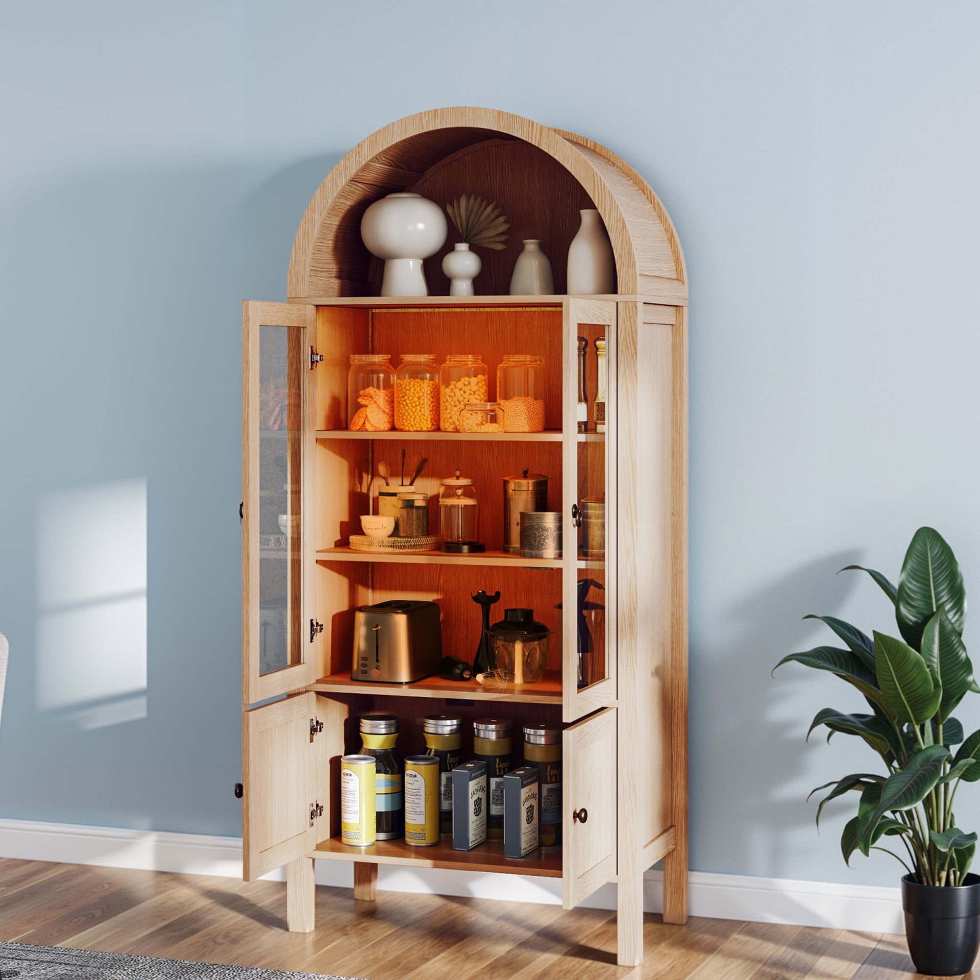 ModFusion 71" Tall Rounded Juliet Arch Cabinet with LED Light, Glass Doors, Adjustable Shelves, China Curio Display Unit, Kitchen Pantry Storage, Natural Oak Wood