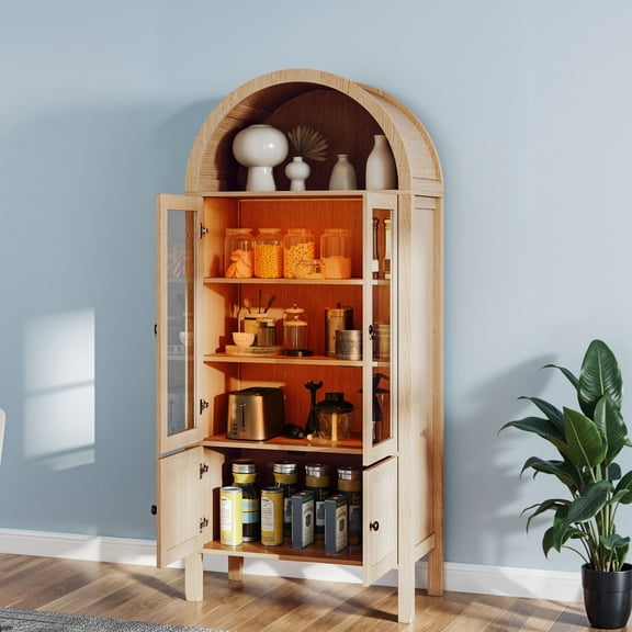 ModFusion 71" Tall Rounded Juliet Arch Cabinet with LED Light, Glass Doors, Adjustable Shelves, China Curio Display Unit, Kitchen Pantry Storage, Natural Oak Wood