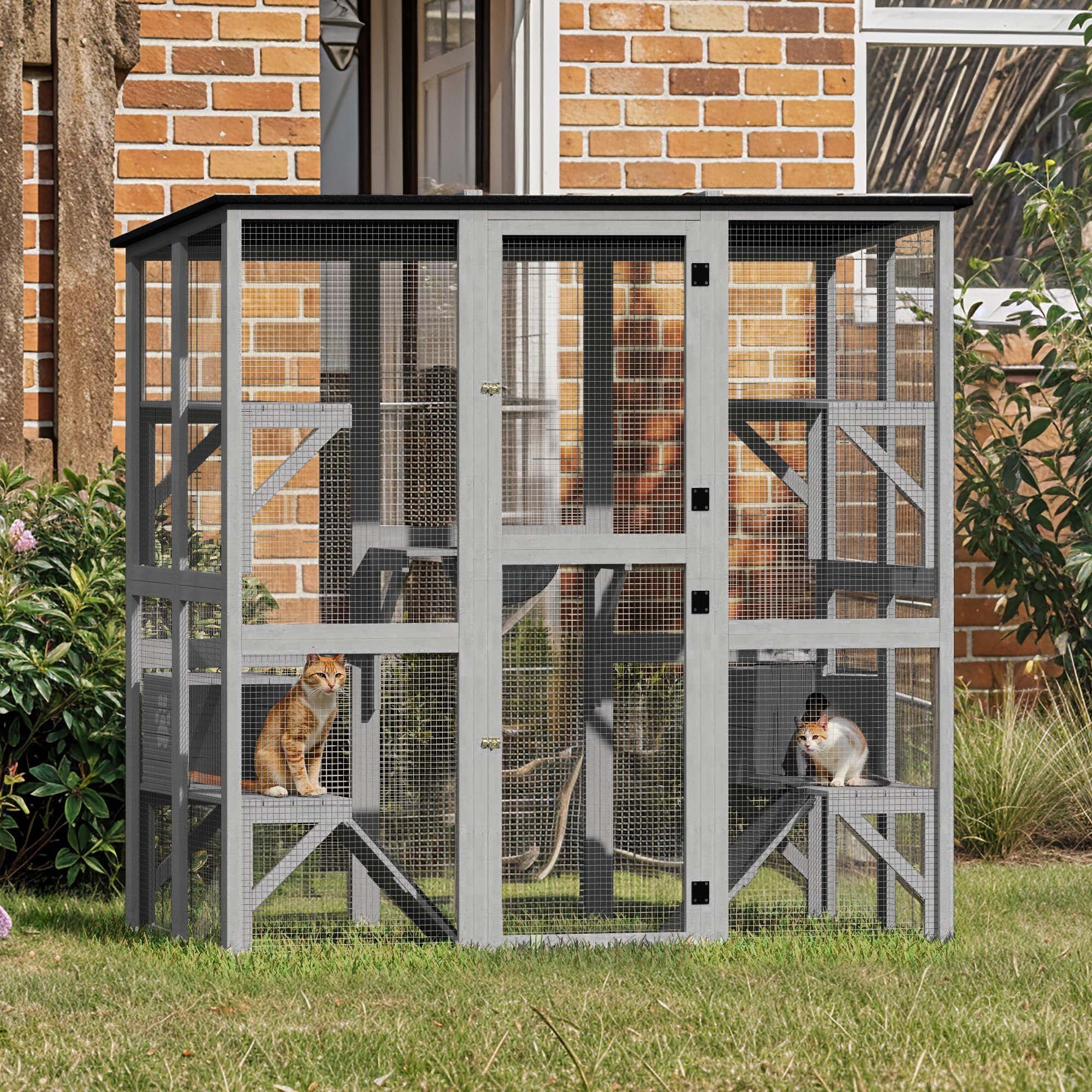 ModFusion 71" Weatherproof Wooden Cat Cage with 5 Platforms & 2 Cozy Houses – Durable Indoor/Outdoor Cat Enclosure with Sisal Stairs & Asphalt Roof