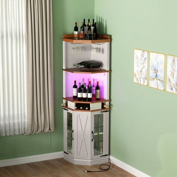 ModFusion 72" Farmhouse Corner Bar Cabinet with LED Lights, Wine Racks & Glass Holder, White & Walnut
