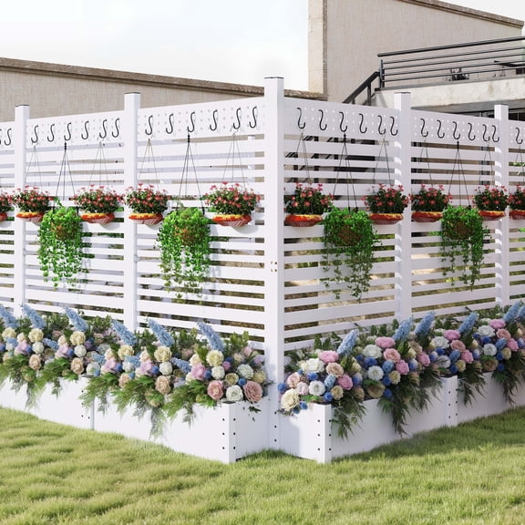 ModFusion 72"H × 42"W Planter Box Privacy Screen with Wood Trellis, Ground Stakes, Hanging Hooks, Drainage, 10.6"x42"x11.8" Raised Bed Patio Lattice Fence Panel Yard Backyard, White