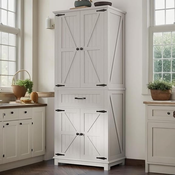 ModFusion 72" Kitchen Pantry Storage Cabinet with Large Drawer, Adjustable Shelf, Farmhouse Magnetic Doors, Corner Cupboard 1.32.56 ft Food Buffet, White Oak