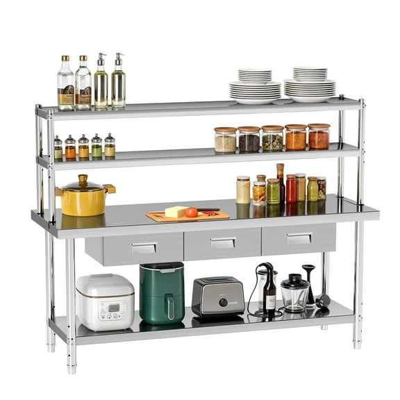ModFusion 72" x 24" Stainless Steel Table with Adjustable Overshelves, 3 Drawers, Kitchen Corner Storage Rack, Commercial Workstation for Food Service Prep
