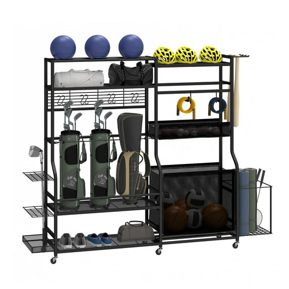 ModFusion 76” Multi Layer Sports Equipment Storage Rack with Wheels, All-in-One Garage & Home Organizer for Golf, Balls, and Gym Gear