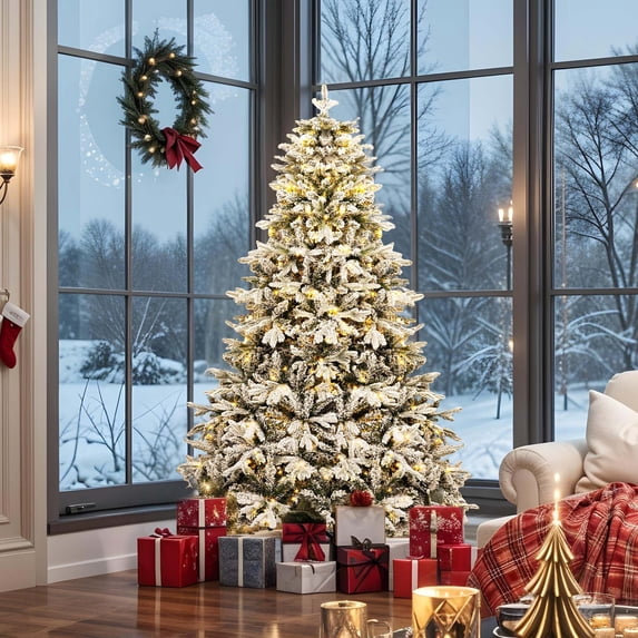 ModFusion 7ft Pre-Lit Snow Flocked Artificial Hinged Canaan Fir Christmas Tree with 330 Color-Changeable Lights