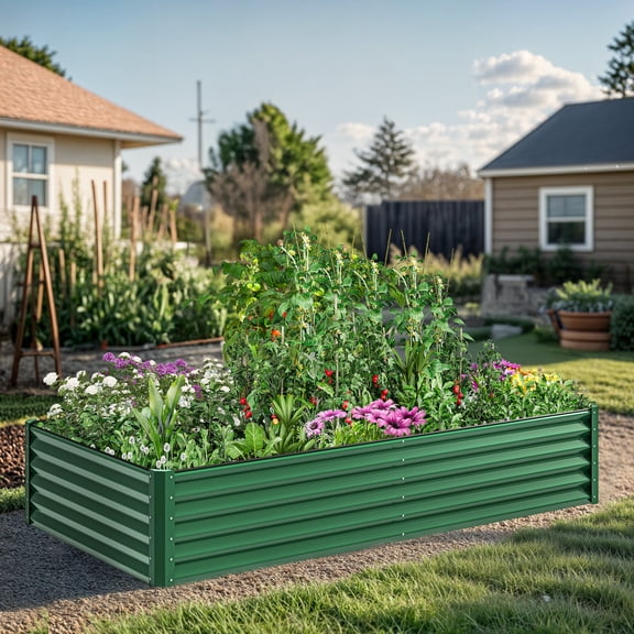 ModFusion 8×4×1.5 ft 2-Piece Galvanized Raised Garden Bed Kit with Support Rods, Ground Stakes, Large Heavy-Duty Metal Planter Box for Vegetables Herbs, Green
