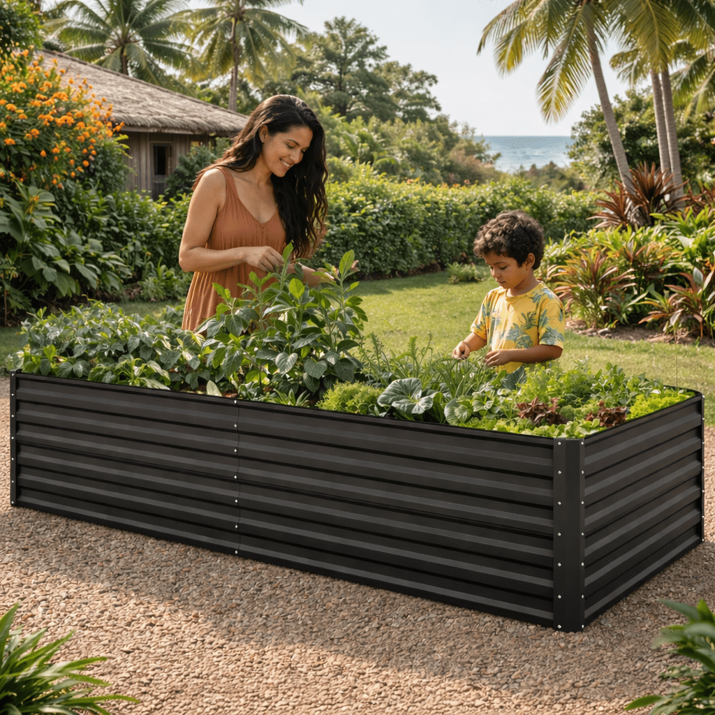 ModFusion 8×4×2 ft Raised Garden Bed Kit with Reinforcement Bars and Stakes, Corrugated Galvanized Steel Metal Planter Box, 479-Gallon Drainage, Large Backyard Plant Pot, Black