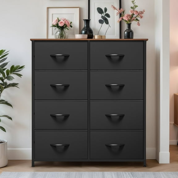 ModFusion 8-Drawers Fabric Dresser with Wooden Top for Bedroom, Living Room & Office  Black