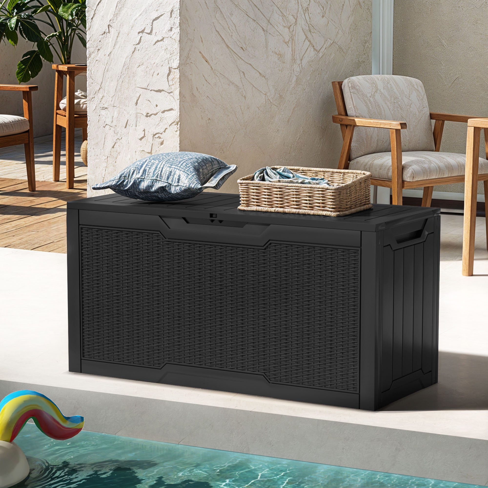 ModFusion 80-Gallon All-Weather Lockable Wicker-Style Outdoor Storage Deck Box, Resin Design in Black for Patio, Garden, and Poolside Use, Black