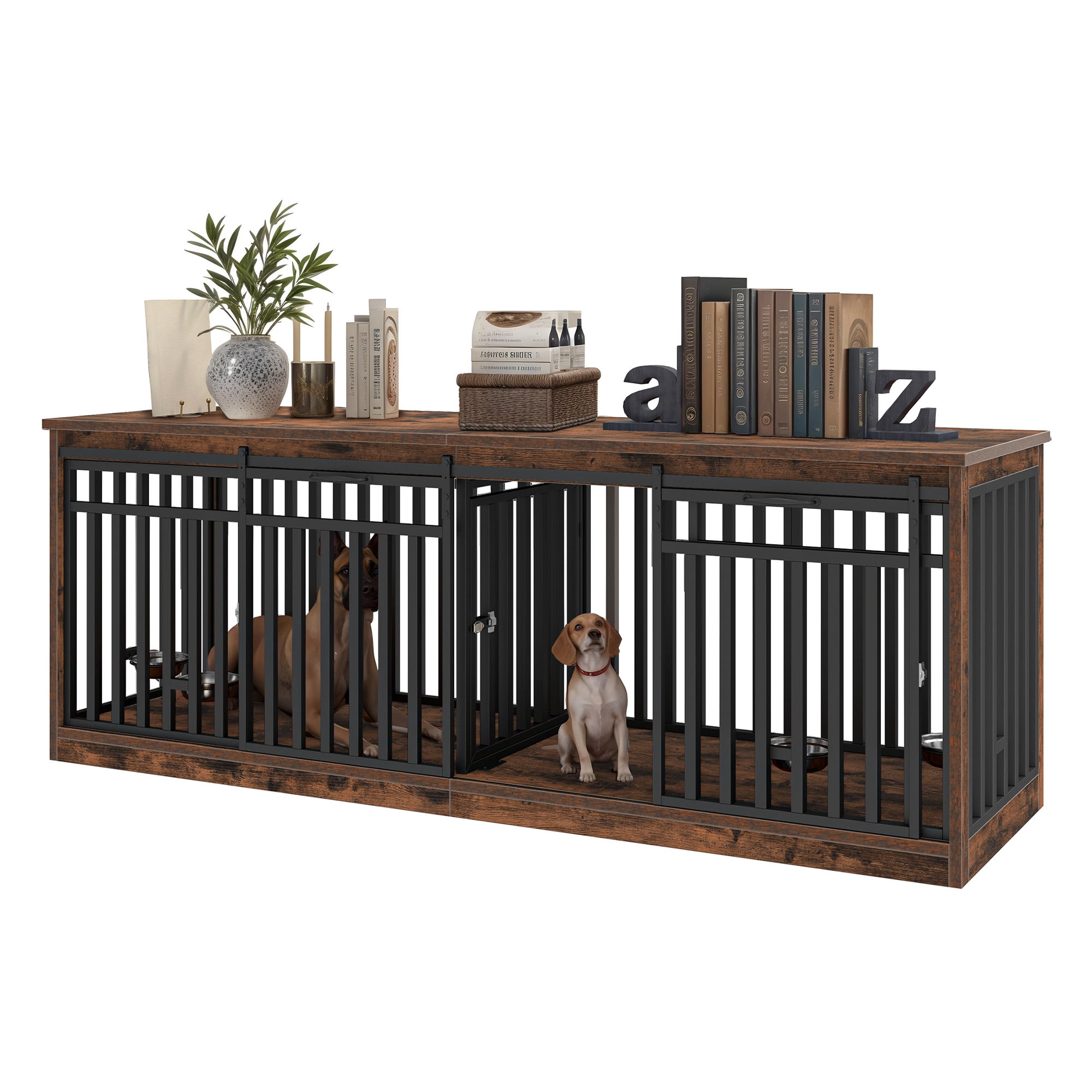 ModFusion 86.6" Double Dog Crate Furniture – Heavy-Duty Black Metal Frame & Vintage Brown Wood Panels, Fits Two Extra-Large Dogs up to 110 lbs Each