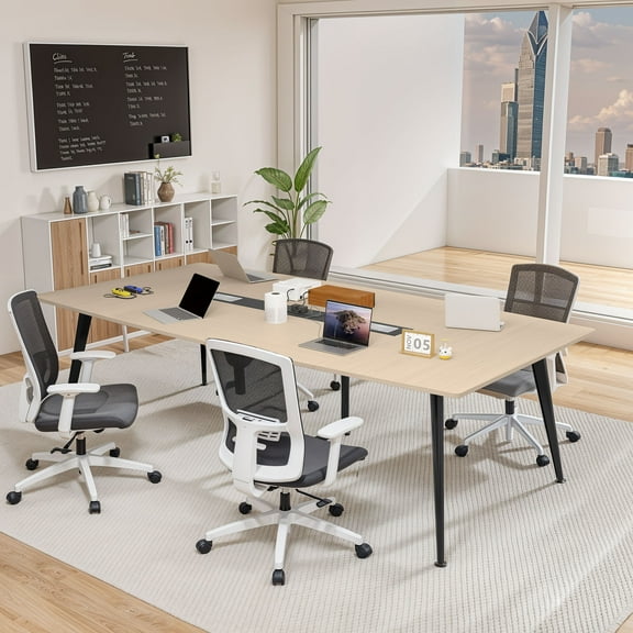 ModFusion 89" Large Conference Meeting Table with USB Power Hub & Flip Cable Boxes, Mule Belly Shaped Wood Grain with Black Iron Frame Surface