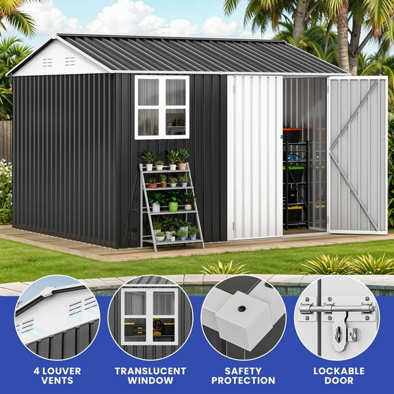 ModFusion 8x10 ft Storage Shed with Large Window, Lockable Double Door, Galvanized Metal Steel, Air Vent, Outdoor Utility Tool House, Dark Gray and White