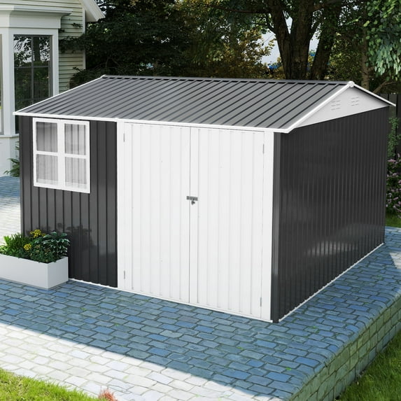 ModFusion 8x10 ft Storage Shed with Large Window, Lockable Double Door, Galvanized Metal Steel, Air Vent, Outdoor Utility Tool House, Dark Gray and White
