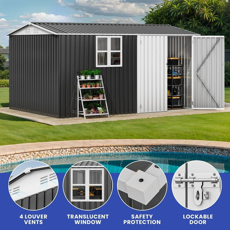 ModFusion 8x12 ft Steel Shed, Lockable 2 Doors, Large Window