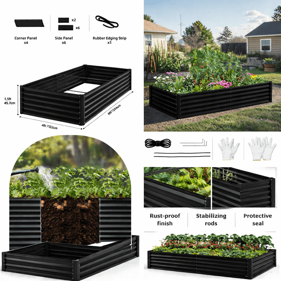 ModFusion 8x4x1.5 ft Corrugated Raised Garden Bed with 4 Support Bars, Ground Anchors, 359 Gallon, Reinforced Frame, Safety Rubber Edging, Galvanized Metal Steel, Black