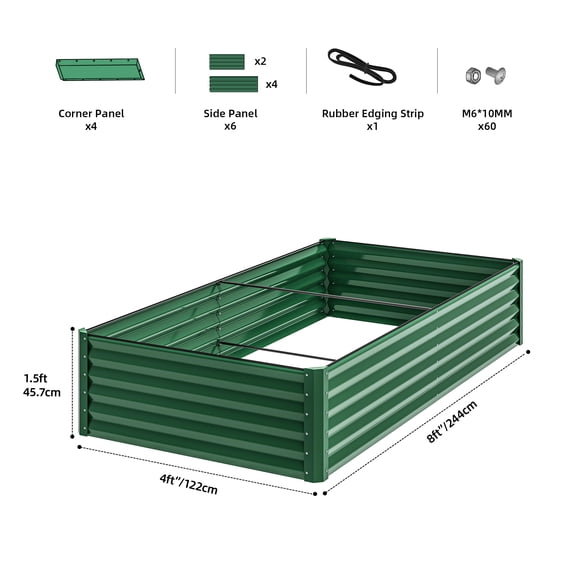 ModFusion 8x4x1.5 ft Galvanized Raised Garden Bed Kit with Support Rods, Anchors, Safety Edging, Drainage, Rectangular Metal Planter Box, Large Gardening Pot, Green