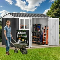 ModFusion 8x6 ft Storage Shed with Large Window, Lock, Galvanized Metal, Shutter Vents, Garden Tools Bike Storage Pool Supplies Organizer, Dark Gray and White