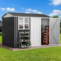 ModFusion 8x6 ft Storage Shed with Large Window, Lock, Galvanized Metal, Shutter Vents, Organizer for Garden Tools Bike Storage Pool Supplies, Dark Gray and White
