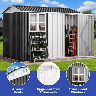 ModFusion 8x6 ft Storage Shed with Large Window, Lock, Galvanized Metal, Shutter Vents, Organizer for Garden Tools Bike Storage Pool Supplies, Dark Gray and White