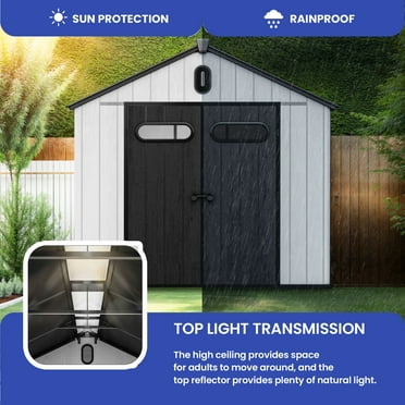 ModFusion 8x8 ft Storage Shed with Improved Natural Light, Heavy Duty Plastic Resin, 2 Doors with Lock, Floor, Gable Roof, Windows, Air Vent, Gray