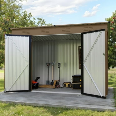 ModFusion 9.1x4.2 ft Storage Shed with Upgraded Frame, Lockable 2 Door, Air Vent Window, Heavy Duty Metal, Outdoor Utility Tool House Cabinet, Garden Accessories, Brown