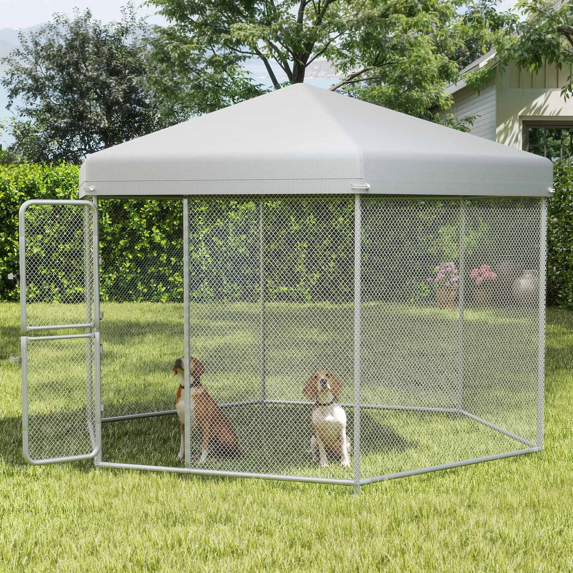 ModFusion 9.8×8.2 ft Large Outdoor Dog Kennel, Heavy Duty Galvanized Steel with Waterproof Cover, Sliver