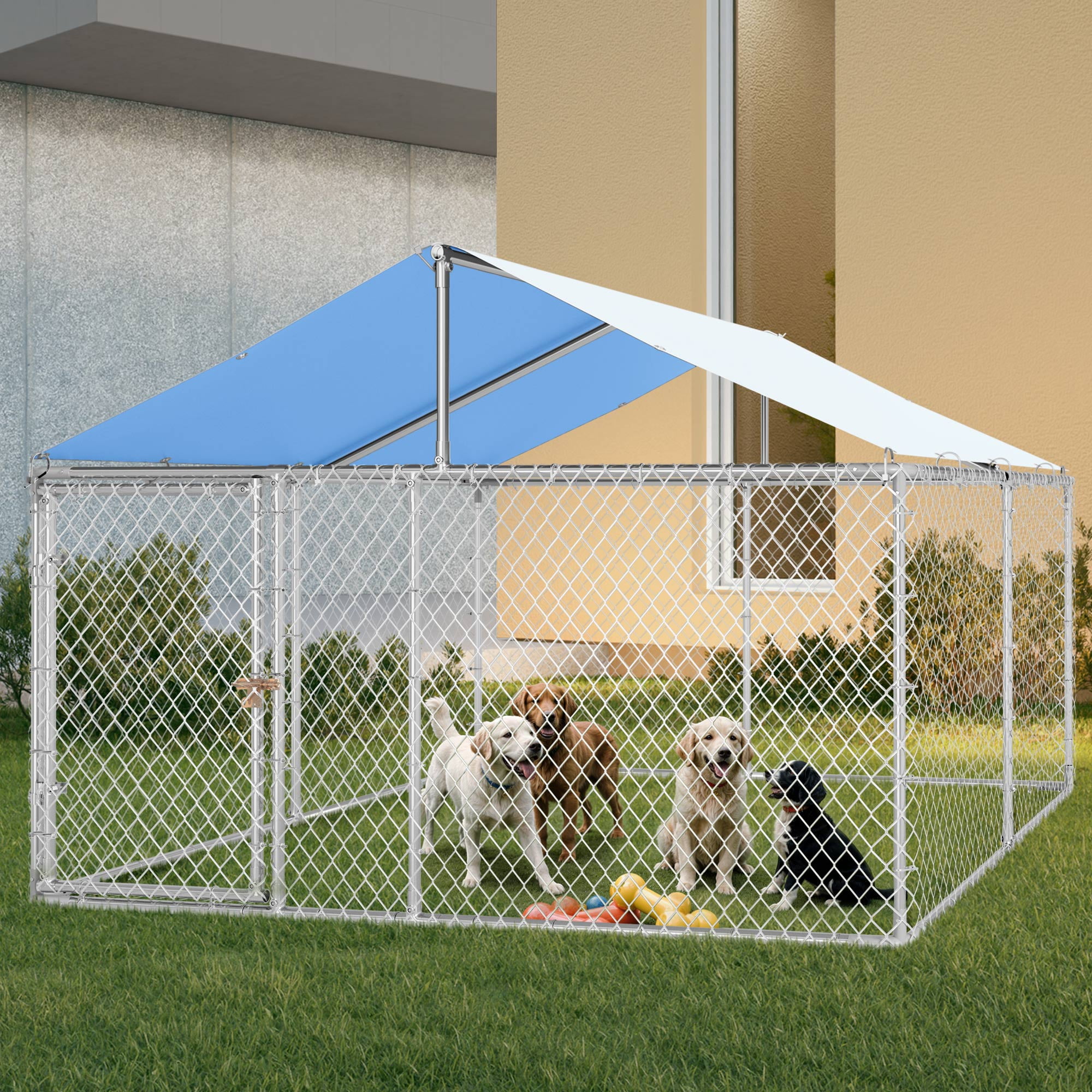 ModFusion 9.8' Outdoor Dog Kennel with Metal Dog Gate, Heavy-Duty Dog Enclosure for Backyard and Farm