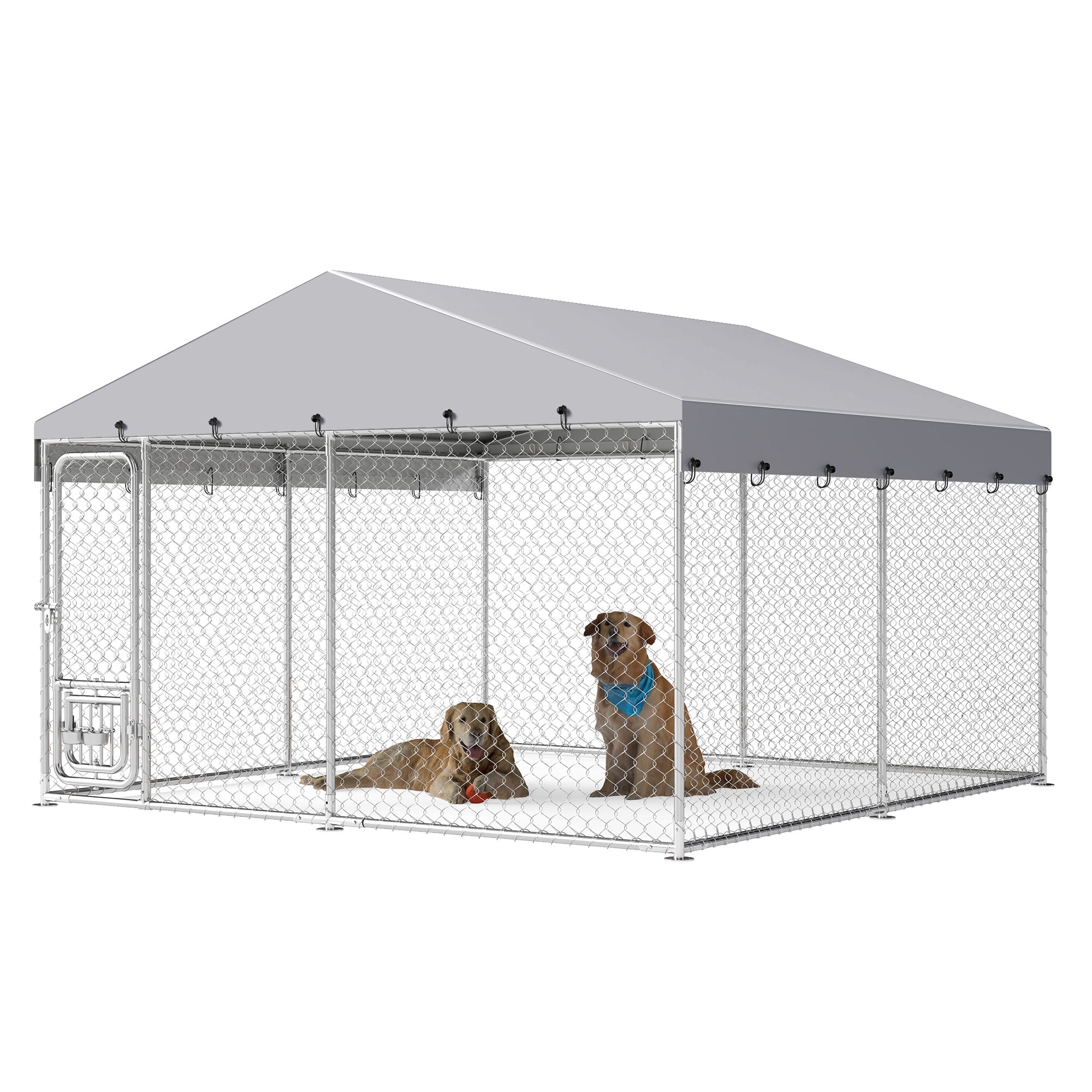 ModFusion 9.8' x 9.8' Large Outdoor Pet Kennel with Weatherproof Canopy, Secure Lock & Adjustable Feeding Bowls – Perfect for Dogs, Cats & More