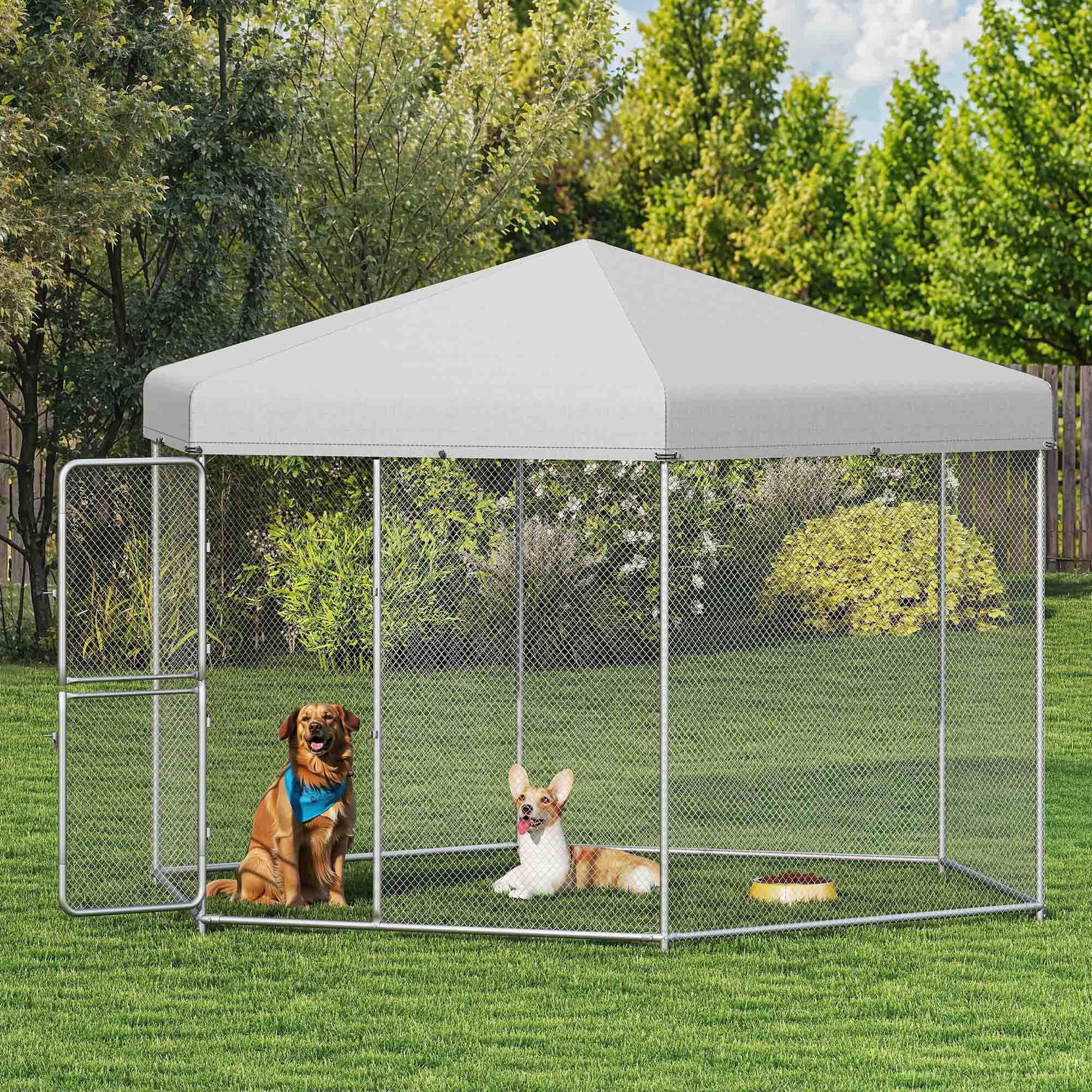 ModFusion 90" Outdoor Dog Kennel with Roof – Heavy-Duty Galvanized Steel Pet Playpen, Weatherproof Canopy, Secure Lock & Hexagonal Wire Fence for Large Dogs
