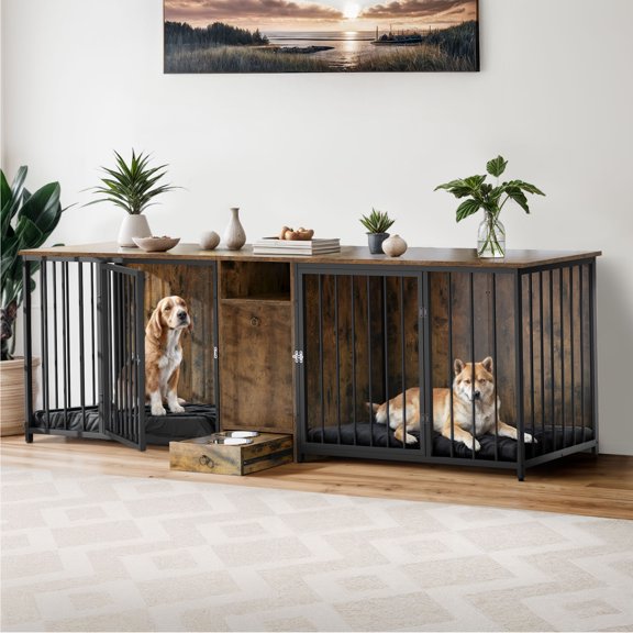 ModFusion 95" Rustic Brown Dual Dog Crate with Double Doors, Feeding Drawer, and Storage Cabinet
