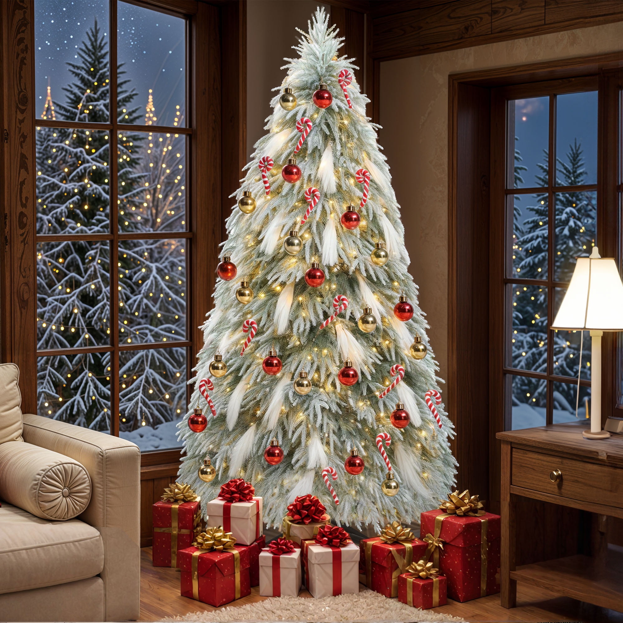 ModFusion 9ft Pre-Lit Flocked Natural Drooping Pampas Christmas Tree with 54 Feathers, Holiday Decoration Christmas Tree with 959 PE Branch Tips and 900 Lights, Green