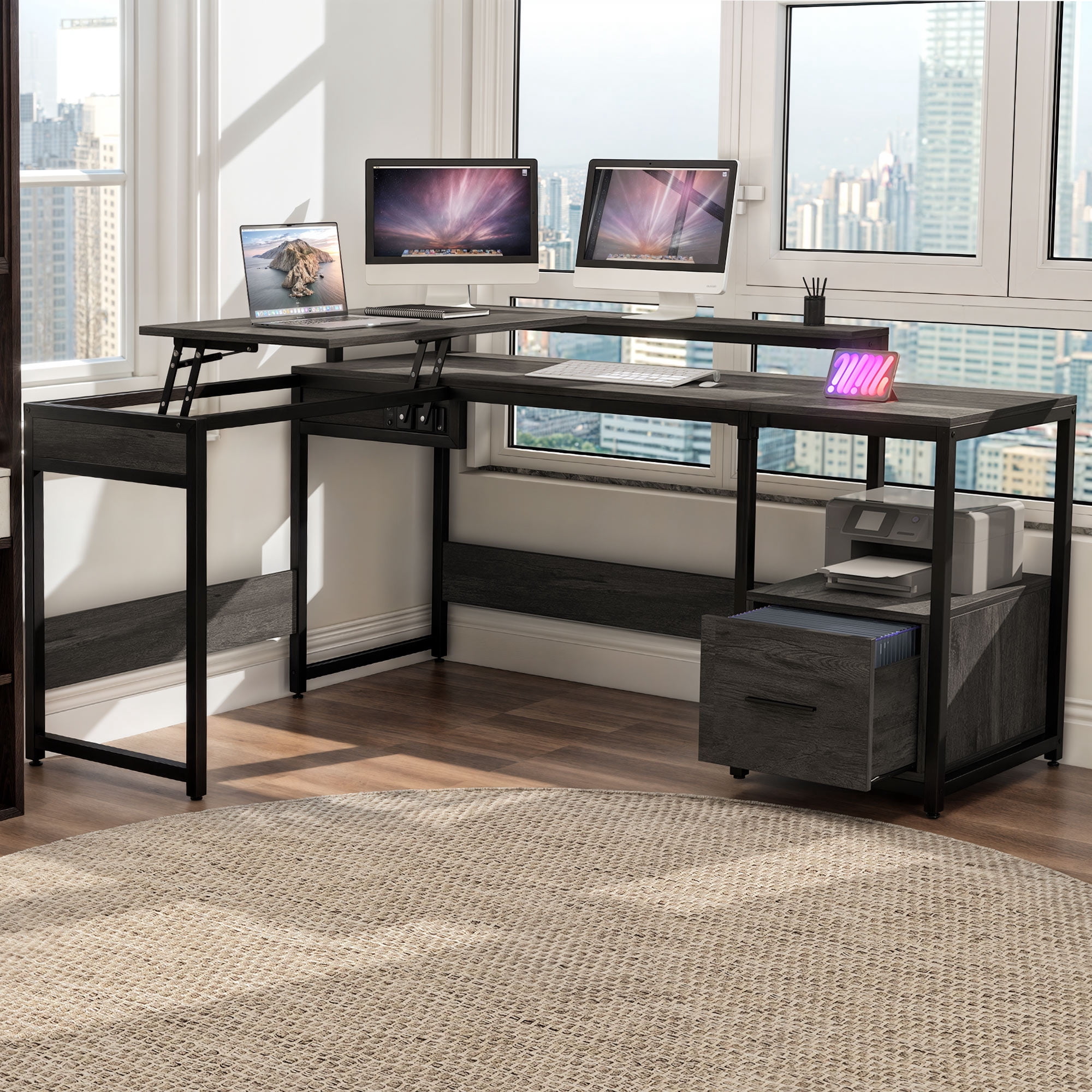 L Computer ModFusion Adjustable L-Shaped Computer Desk with Monitor Stand & Sturdy ...