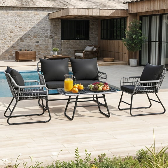 ModFusion All-Weather Wicker 4-Piece Patio Furniture Set, Gray & Black Outdoor Conversation Loveseat Chairs with Cushions and Metal Table
