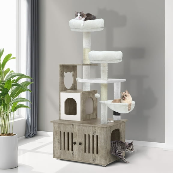 ModFusion All-in-One Cat Litter Box Enclosure, Climbing Tree, and Storage Solution - Covered Litter Box for Cats